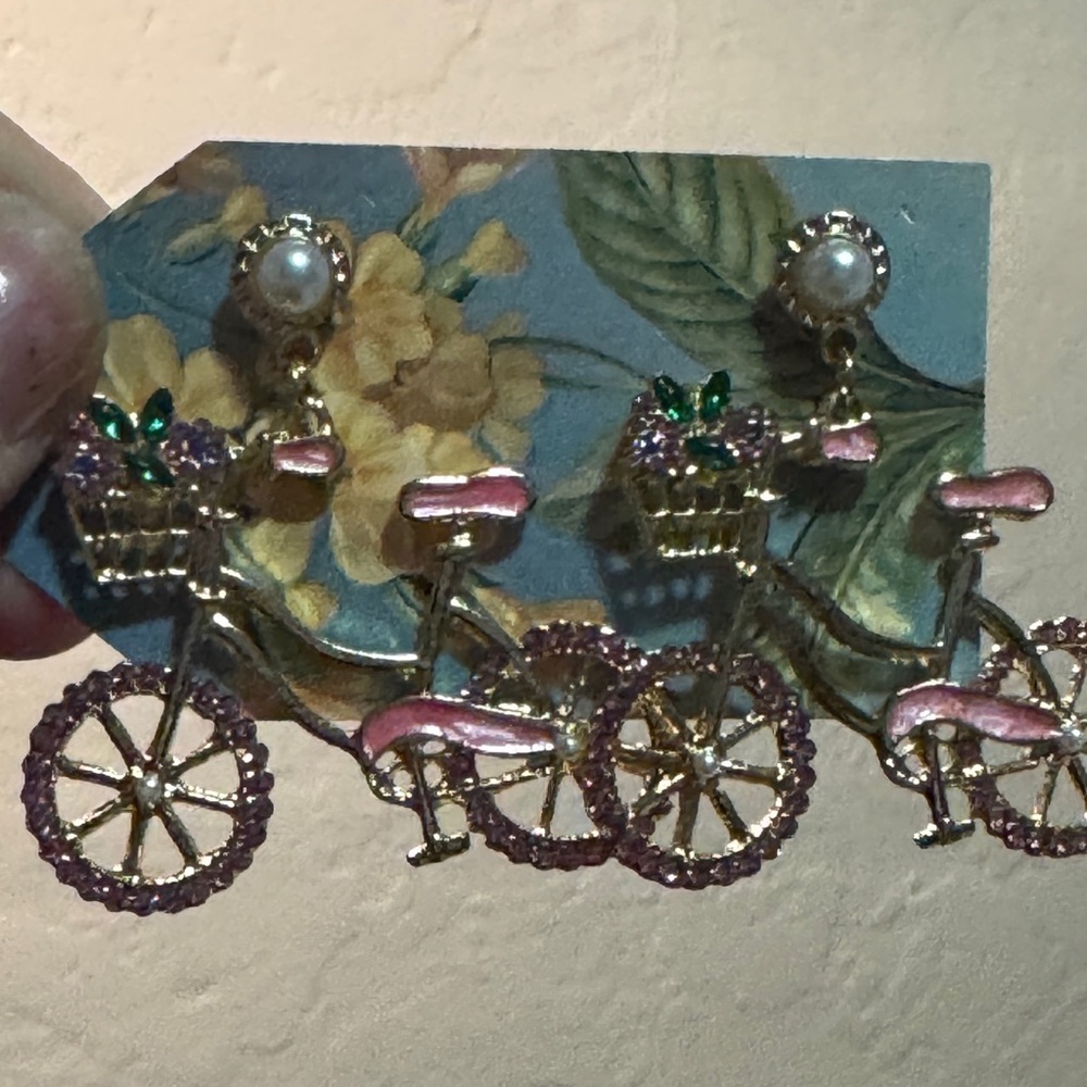 Gold and Pink Bicycle Earrings